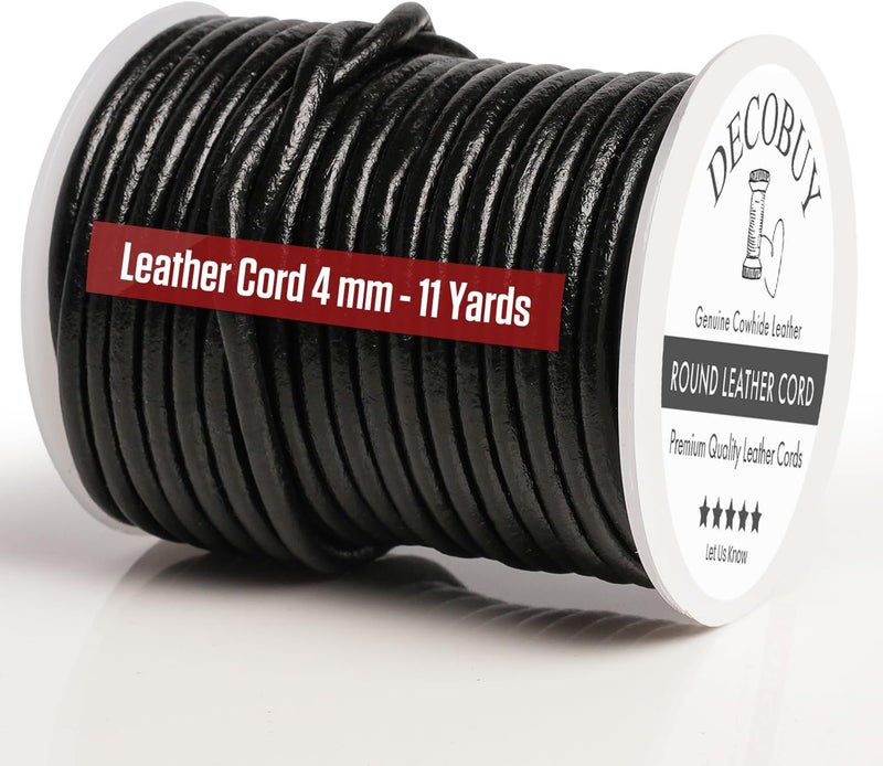 Leather Cord for Jewelry Making, Round Cording 4 mm Rope, 11 Yards Used for Crafts, Necklace String, Braiding - Black